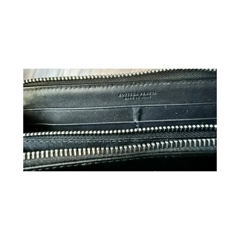 Bottega Veneta Intrecciato Woven Leather Zip Around Clutch Wallet Black Authenti